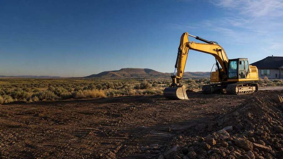 Excavator assessing access and grades on a Twin Falls area property