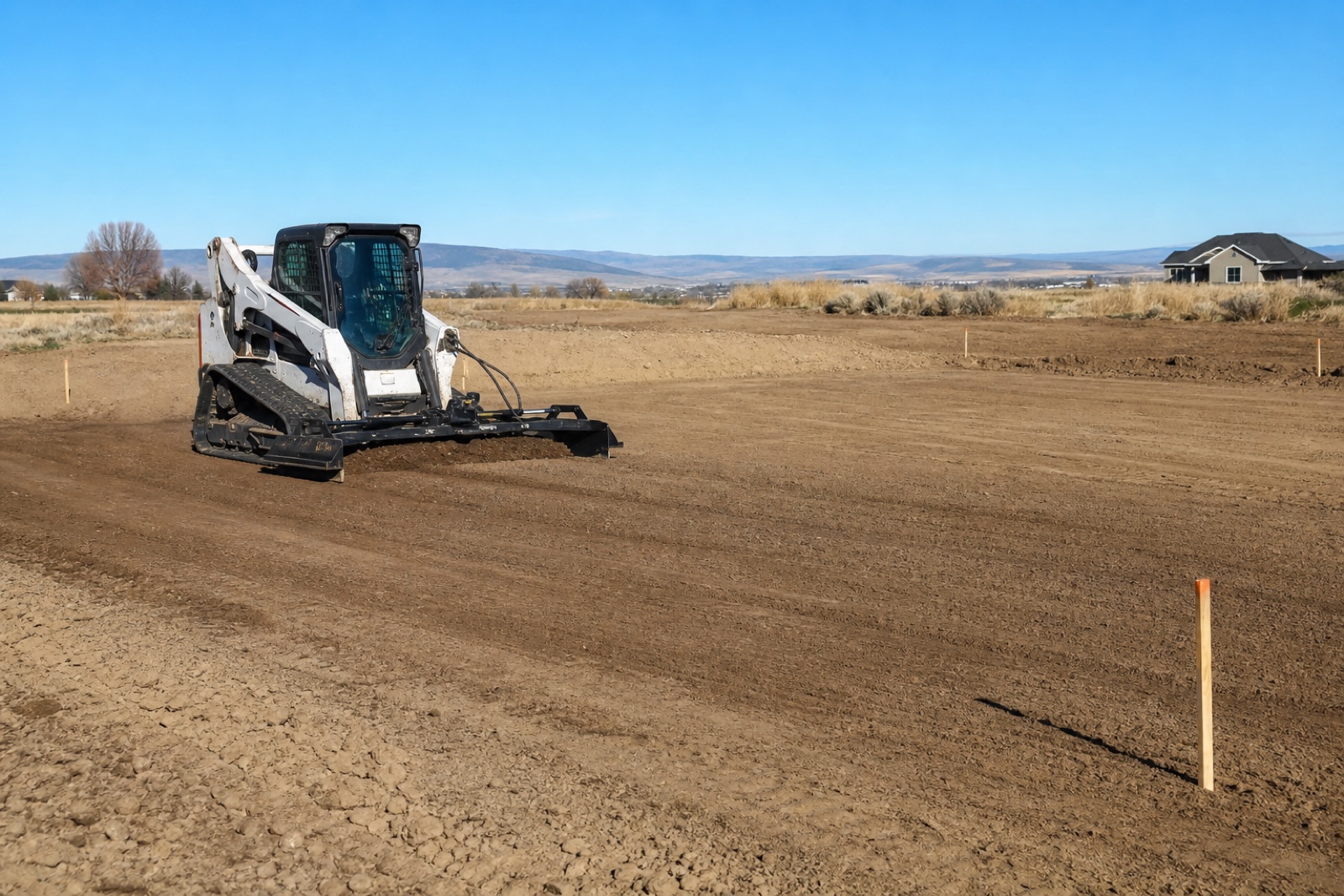 Excavator grading a rural residential property near Twin Falls