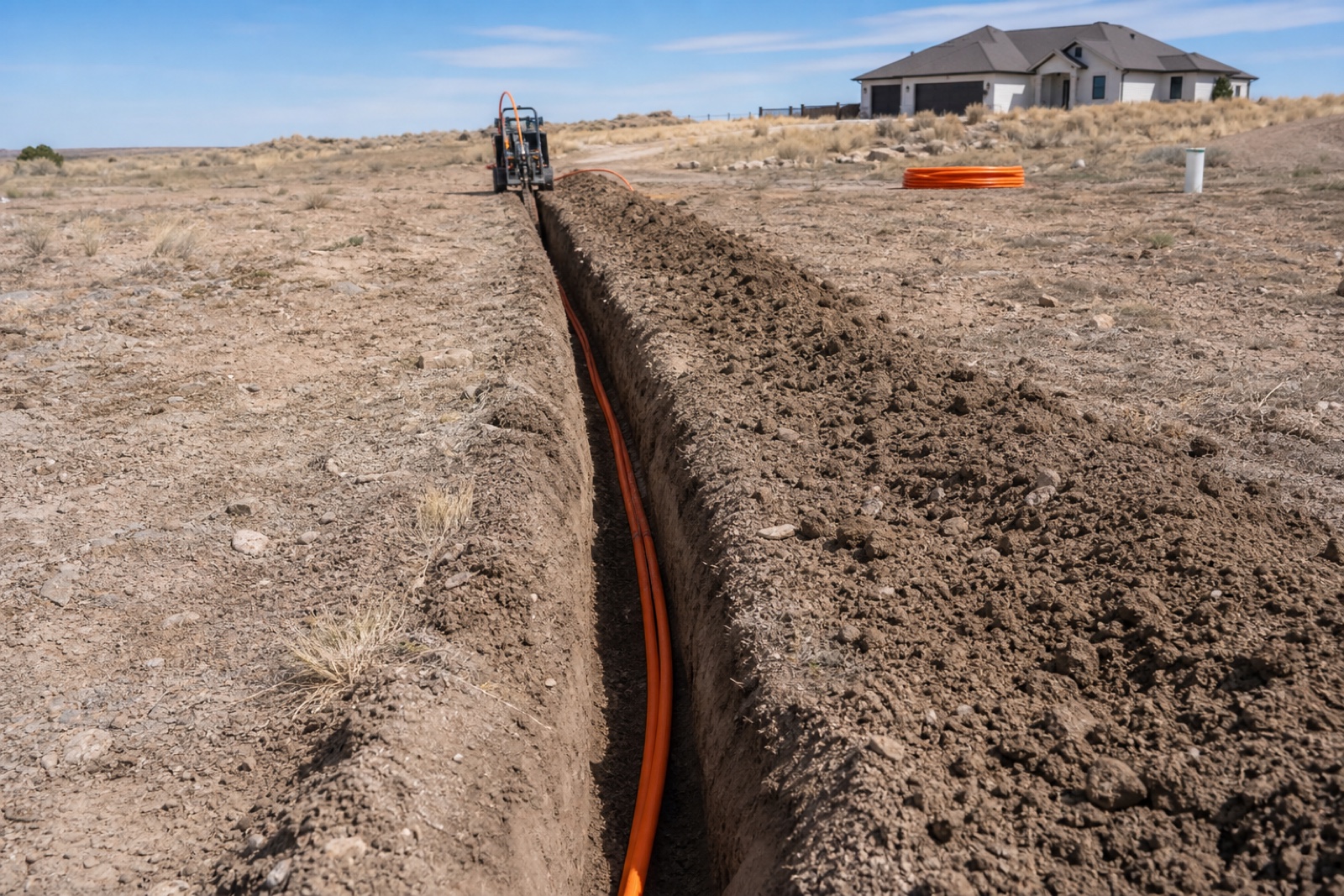 Excavator digging a utility trench on a Twin Falls area property